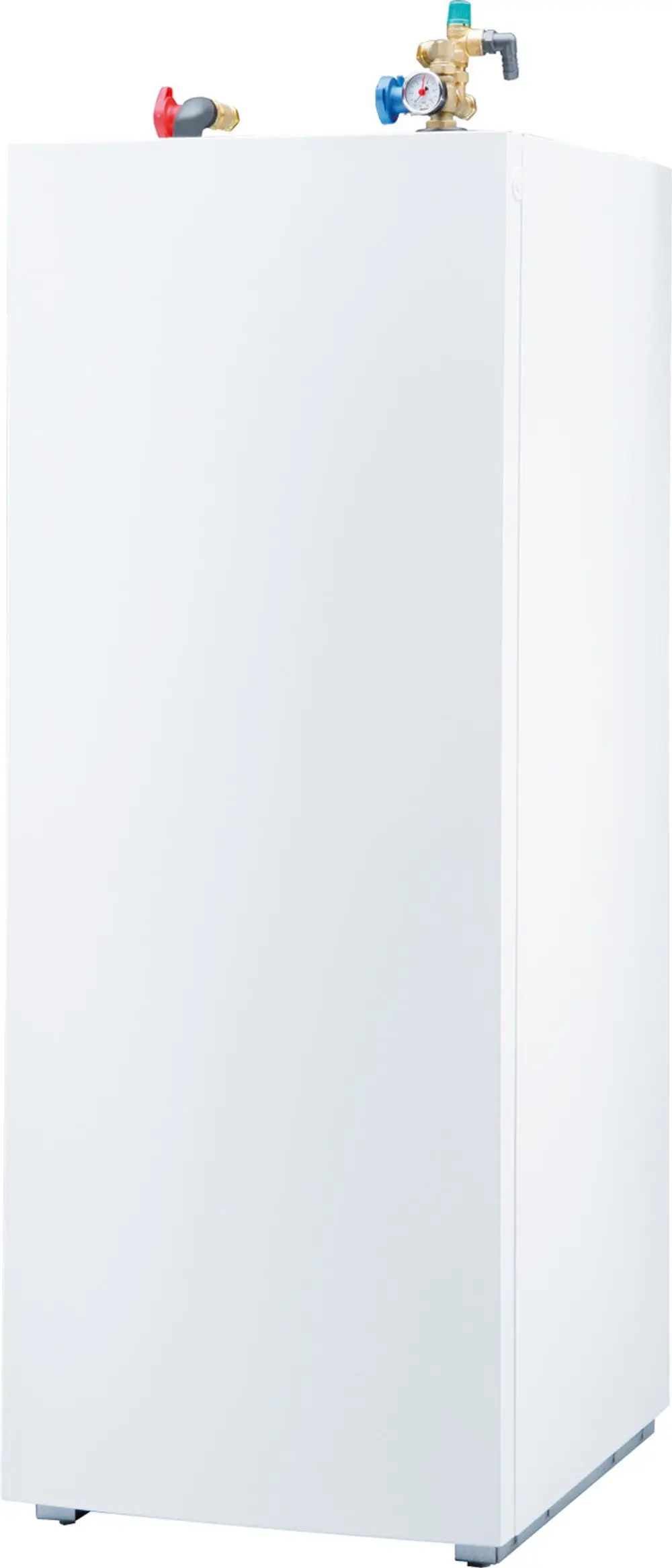 Weiße Speichereinheit von Bosch mit zwei Anschlüssen oben. Die Konstruktion ist schmal und vertikal, mit einem glatten Finish.